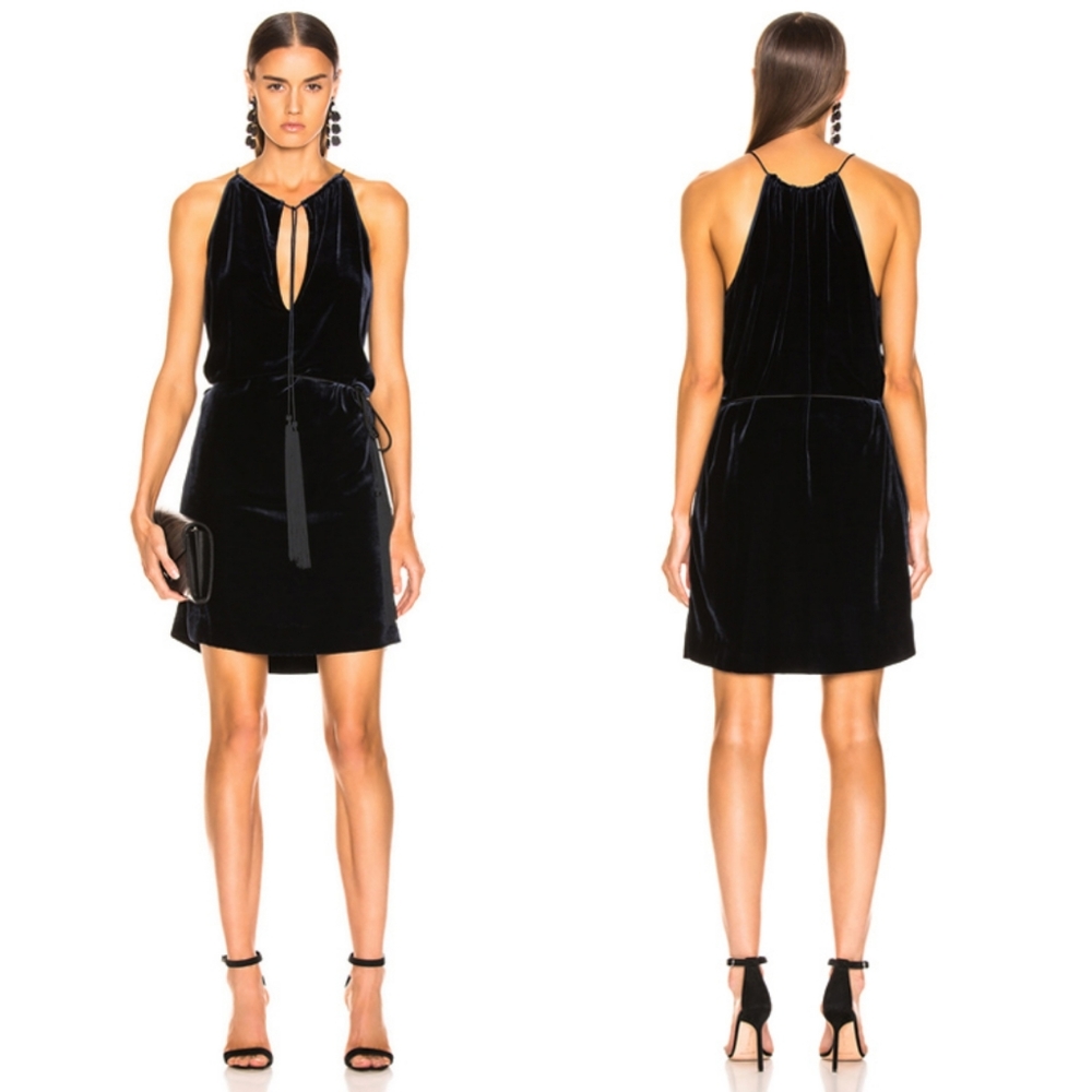 Nili Lotan Jamie Velvet Dress Tassels Navy Blue - Picture 1 of 7
